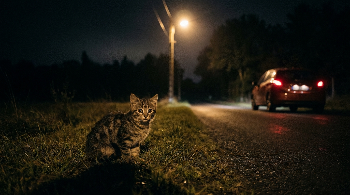 Un petit chat tigré au regard craintif mais plein d'espoir, blotti dans une couverture douce dans un refuge.