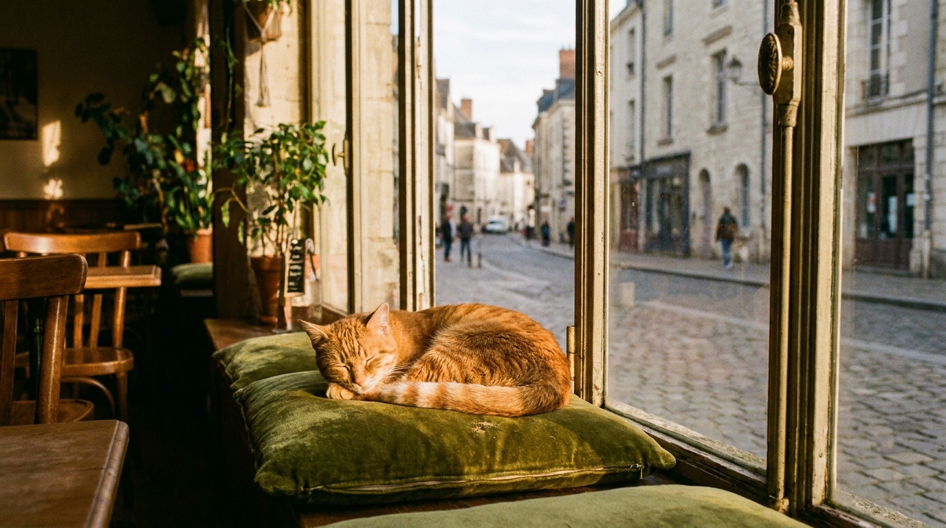 Un chat roux est confortablement installé près d'une fenêtre dans un bar à chats chaleureux, symbolisant l'adoption et le bien-être animal.