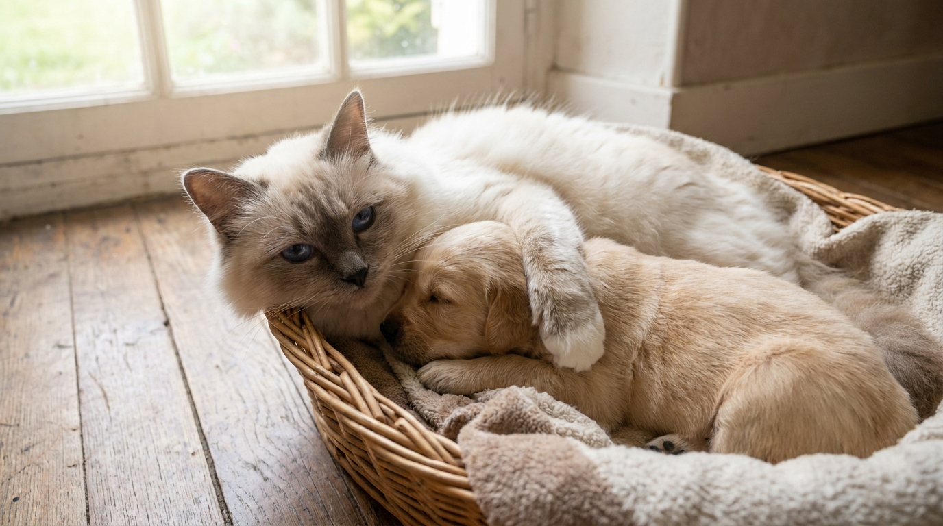 Un magnifique chat Birman aux yeux bleus est tendrement endormi dans un panier avec une portée de chiots Golden Retriever nouveau-nés.