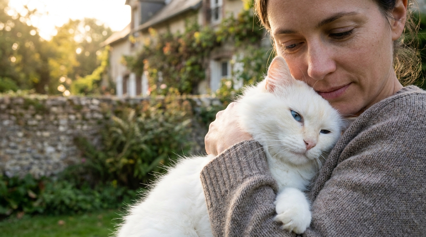 Un chat blanc aux yeux bleus est tendrement câliné par sa propriétaire après avoir été retrouvé grâce à sa puce d'identification.