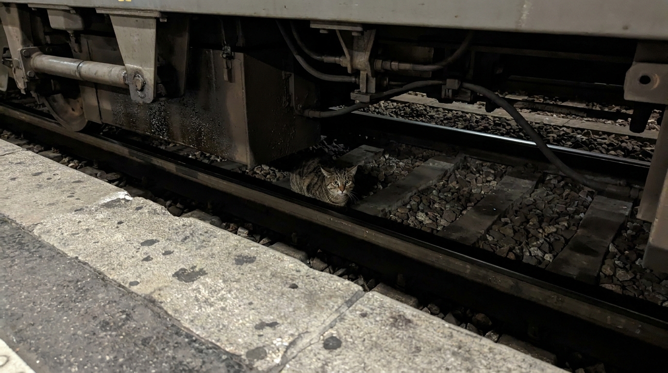 Un chat terrifié est blotti sous un TGV à l'arrêt dans une gare parisienne, symbolisant le danger et la détresse vécus par l'animal.
