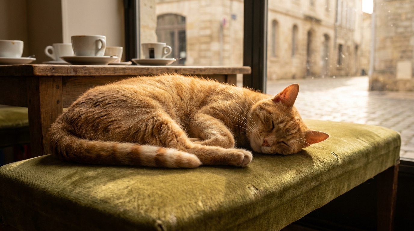 Un chat roux dort sur un fauteuil dans l'ambiance chaleureuse du café-refuge PawPao à Agen, symbole de la mobilisation pour le sauver.