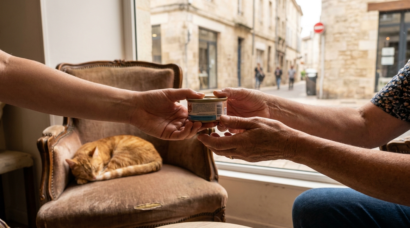 Un chat roux et blanc dort paisiblement sur un coussin confortable à l'intérieur du café à chats PawPao, menacé de fermeture à Agen.