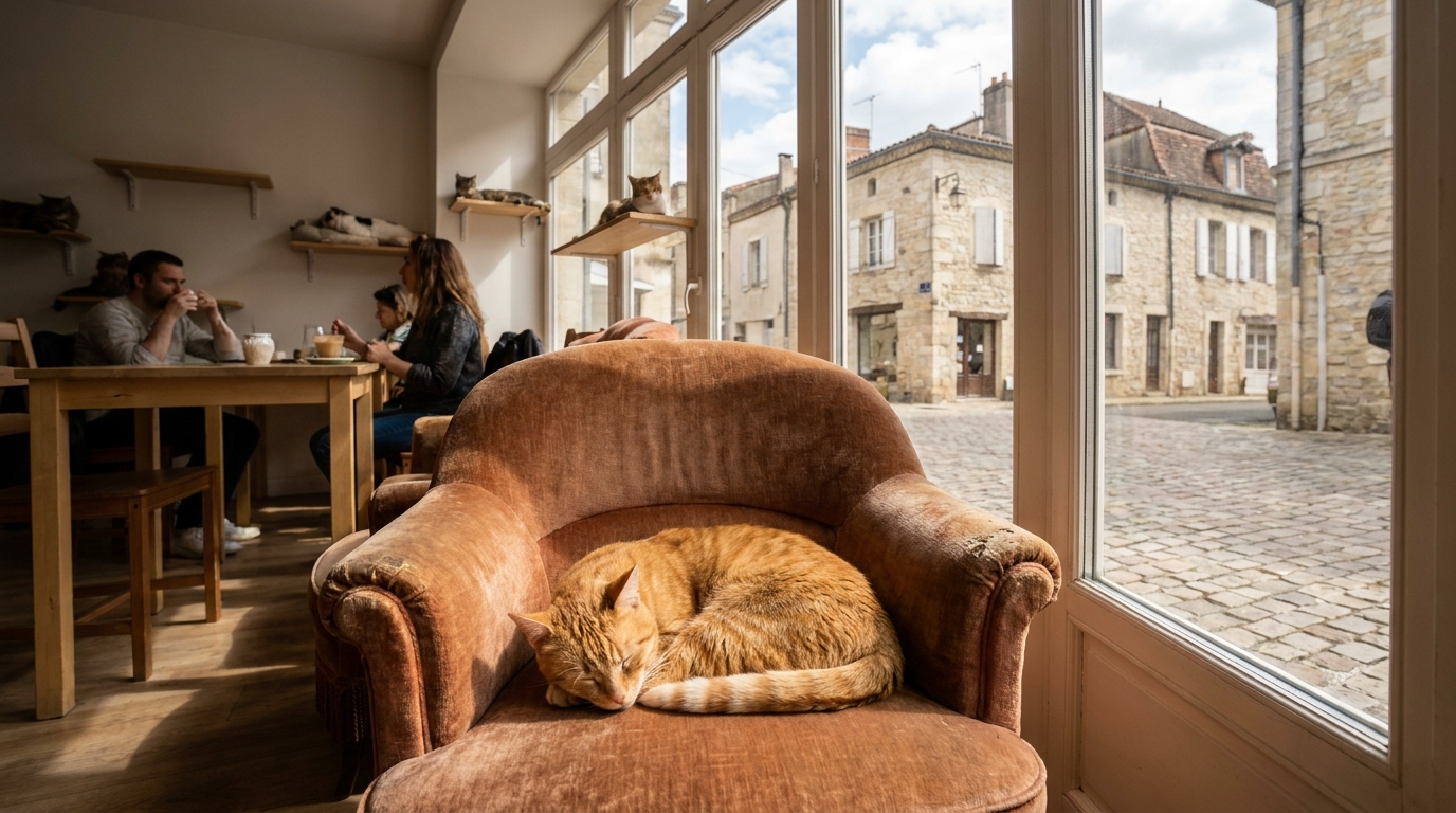 Un chat au pelage roux et blanc se prélasse sur un canapé confortable à l'intérieur d'un café chaleureux.