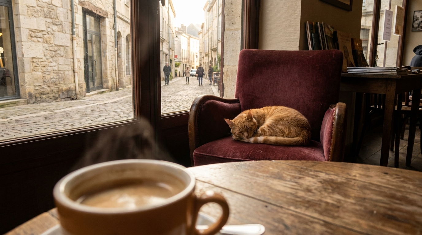 Un chat tigré est assis confortablement sur une chaise en bois dans un café chaleureux, regardant vers l'objectif avec curiosité.