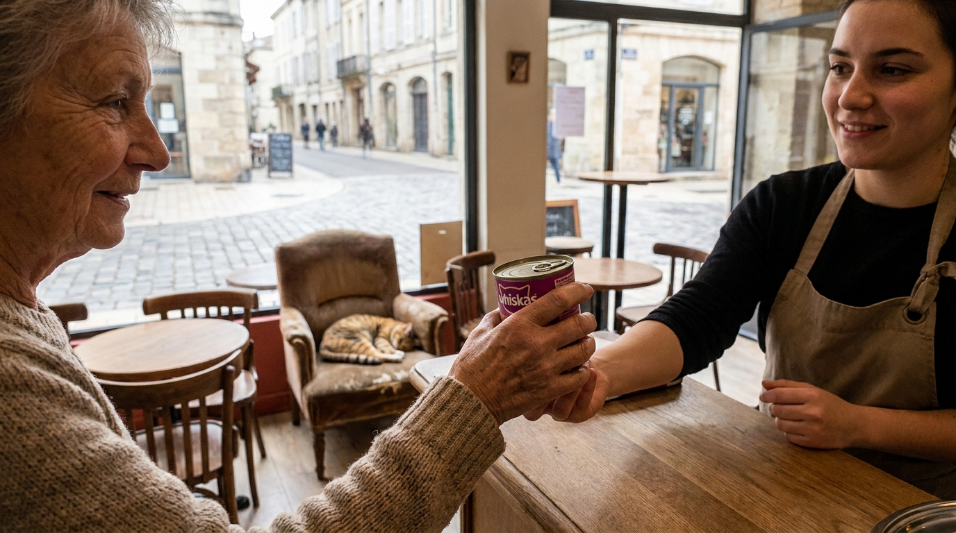 Un chat roux et blanc se prélasse sur un canapé à l'intérieur du café à chats PawPao, symbole de la mobilisation pour le sauver.