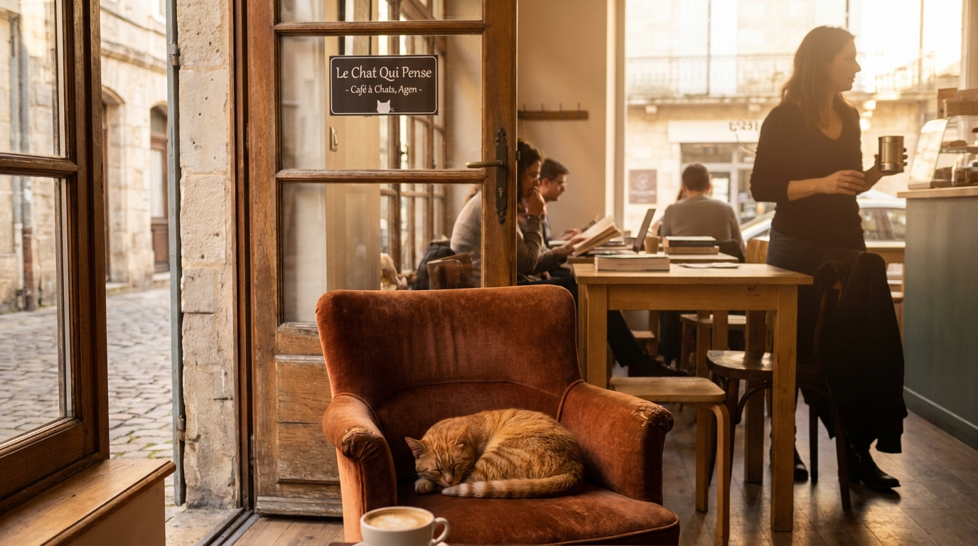 Un chat roux dormant paisiblement sur un fauteuil dans le décor chaleureux du café-refuge pour chats PawPao à Agen, symbole de l'espoir.