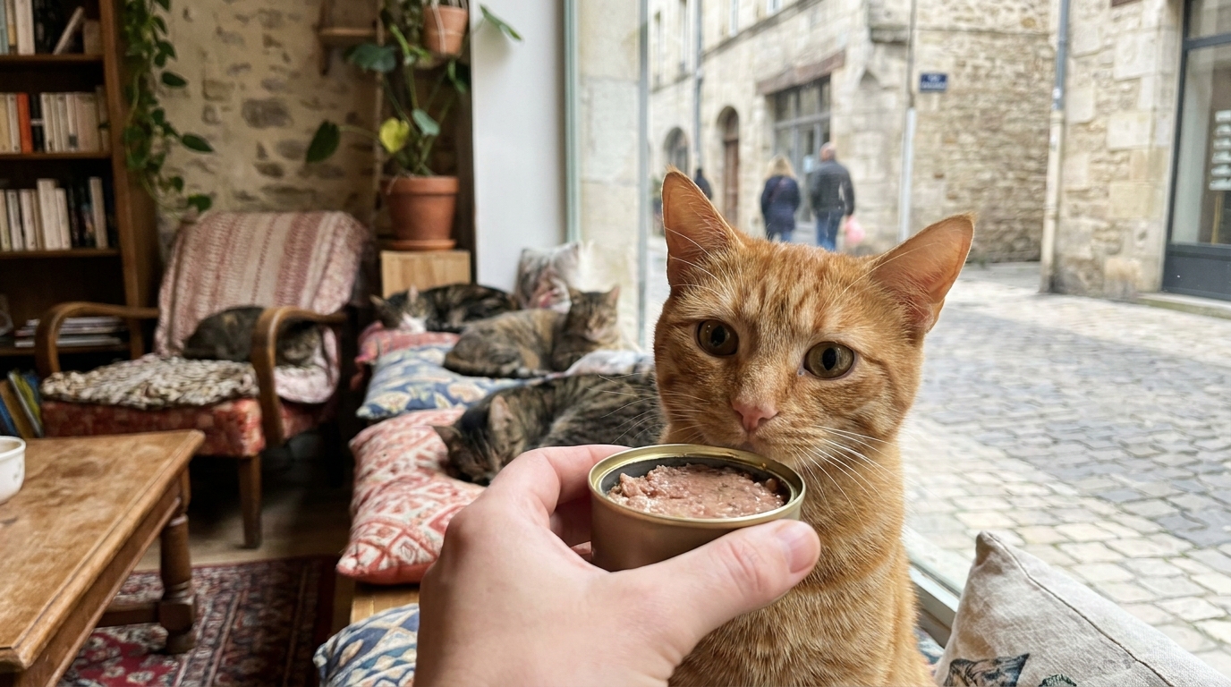 Un chat roux affectueux dans le café-refuge PawPao, symbole du lien entre les animaux et la communauté qui les soutient.