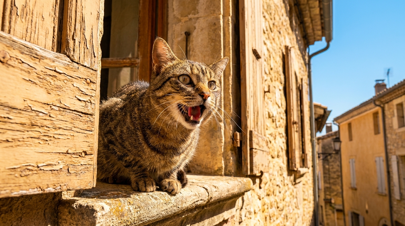 Un chat tigré haletant, couché sur un rebord de fenêtre étroit sous un soleil de plomb, dans une rue du centre-ville d'Agen.
