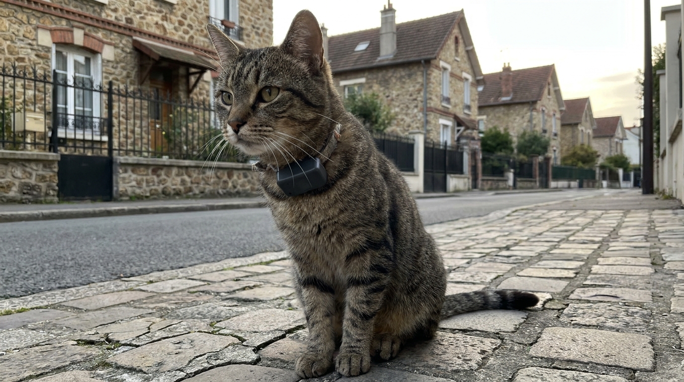 Un chat tigré portant un collier avec un boîtier GPS est assis sur un muret en brique dans une rue de Romainville, en France.