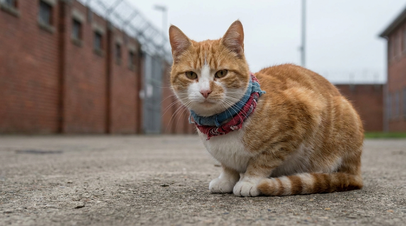 Un chat au pelage roux et blanc porte deux colliers en tissu suspects, assis près du mur d'une prison russe.