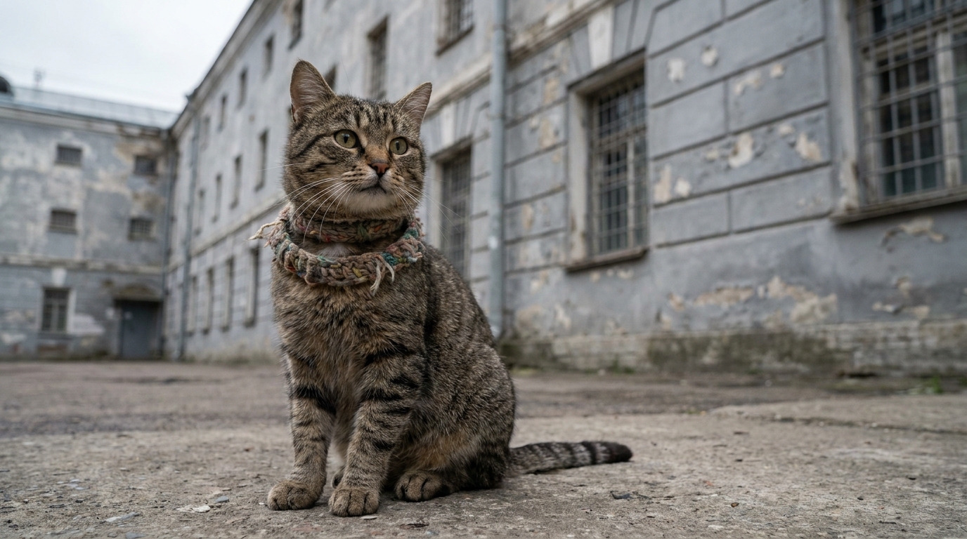 Un chat domestique portant deux colliers en tissu est assis devant le mur d'une prison, l'air innocent et inconscient de sa mission.
