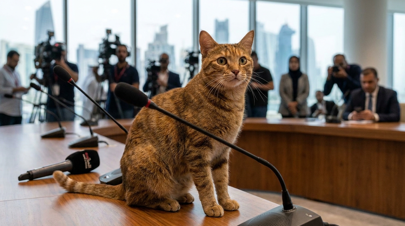 Un chat tigré est assis tranquillement sur une table de conférence de presse, devant des micros, attirant l'attention des journalistes.