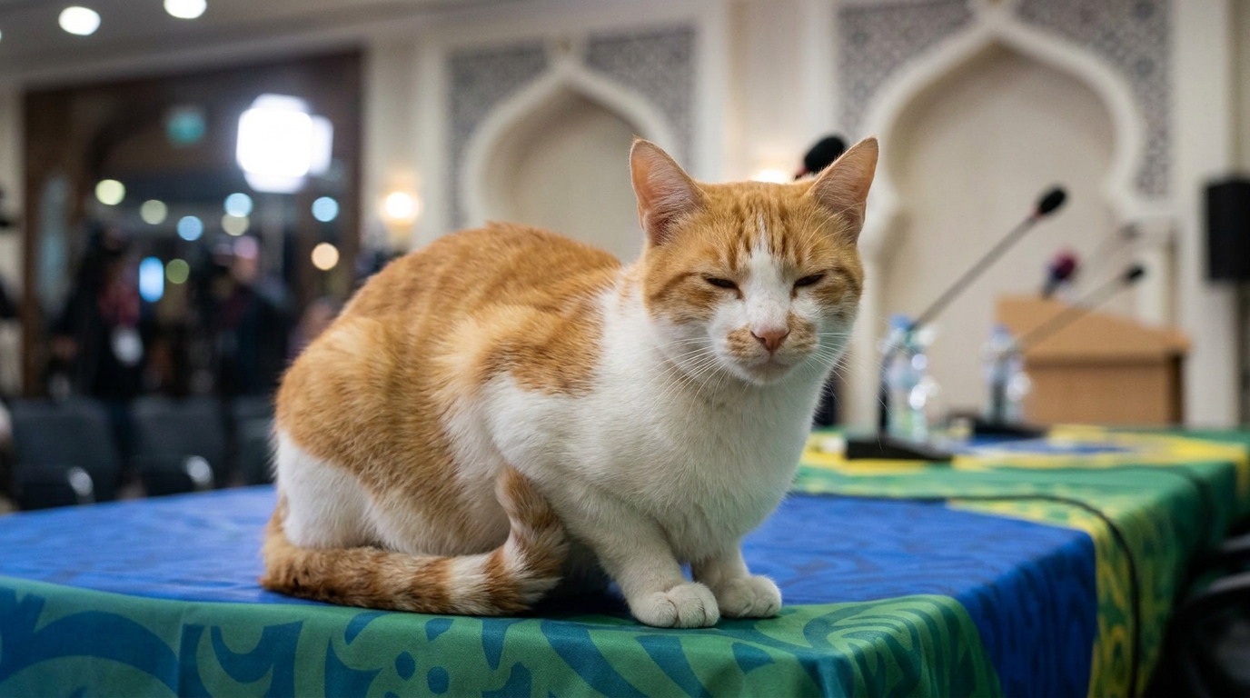 Un chat roux et blanc tranquillement installé sur le bureau d'une conférence de presse, regardant calmement l'objectif avant l'incident.