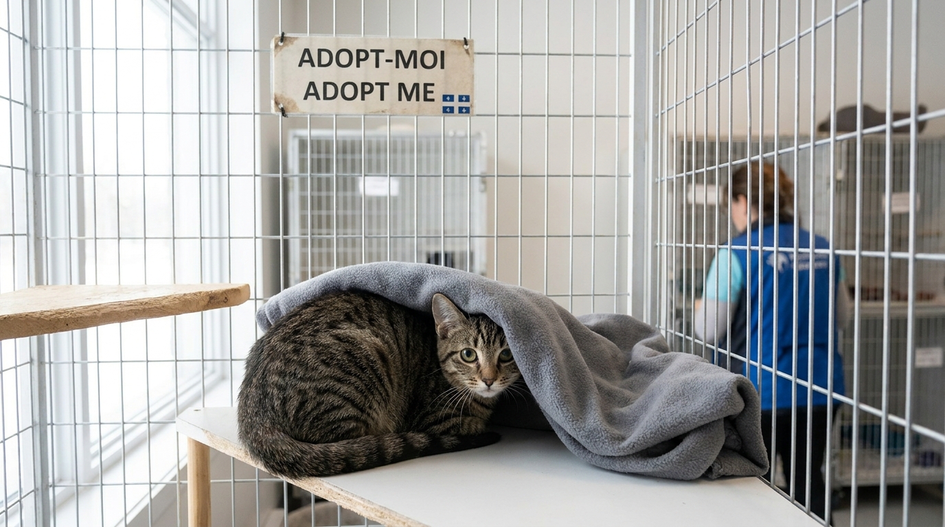 Un chat tigré aux yeux verts se cache timidement derrière une couverture dans sa cage au refuge, attendant une famille patiente.