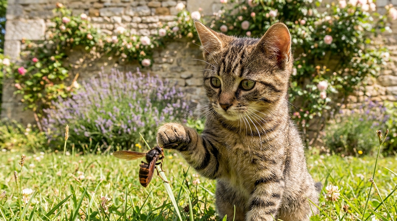 Un chat tigré dans un jardin verdoyant, la patte levée, curieux face à un frelon asiatique posé sur une fleur.