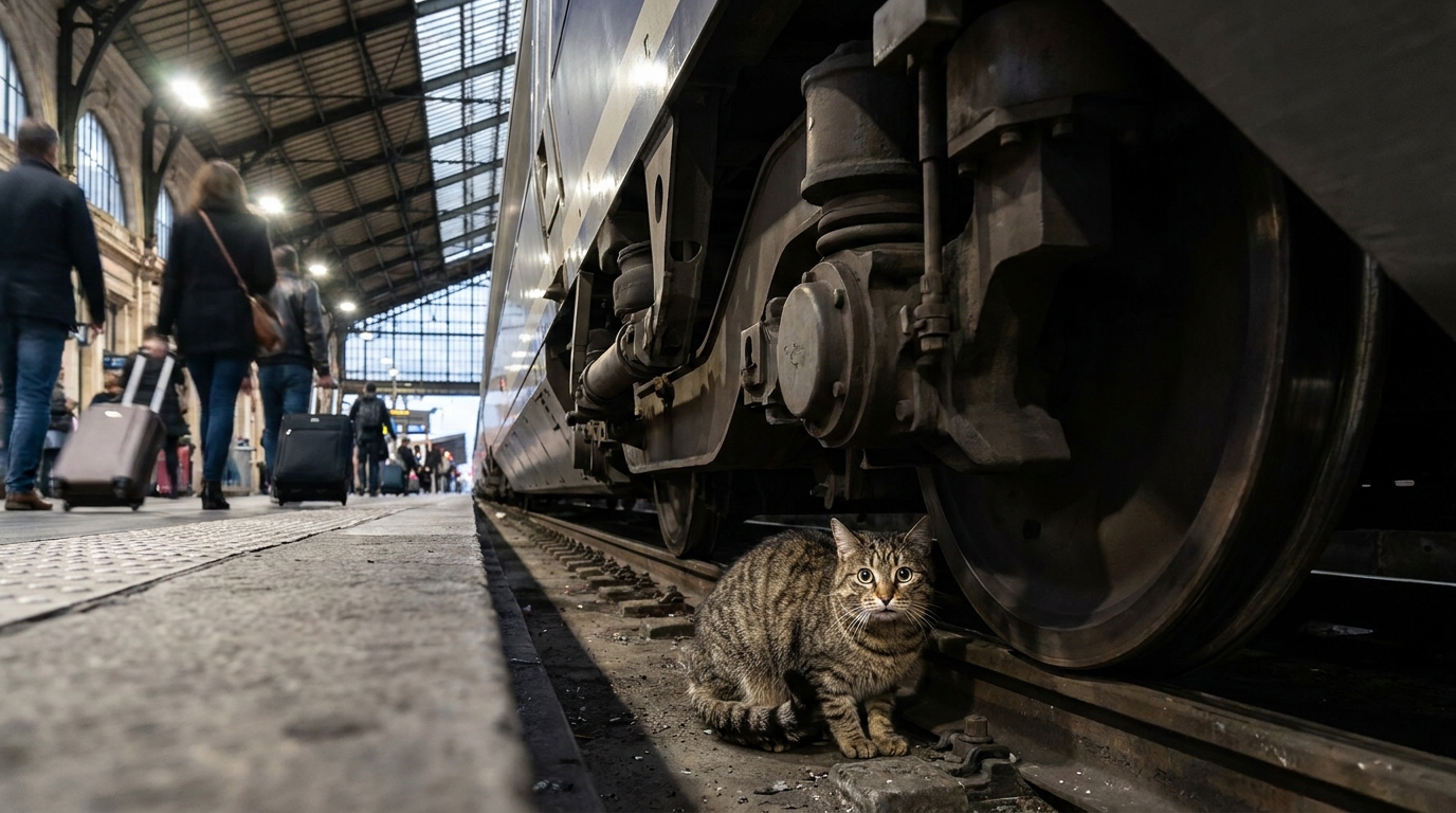 Un chat tigré, visiblement terrifié, est blotti sous un TGV à l'arrêt sur un quai de la Gare de Lyon à Paris.