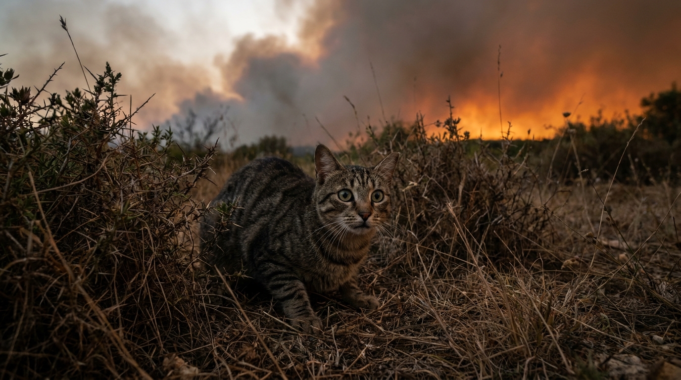 Un chat au regard inquiet se cache dans la végétation sèche, avec une lueur orangée d'un feu de forêt visible en arrière-plan flou.