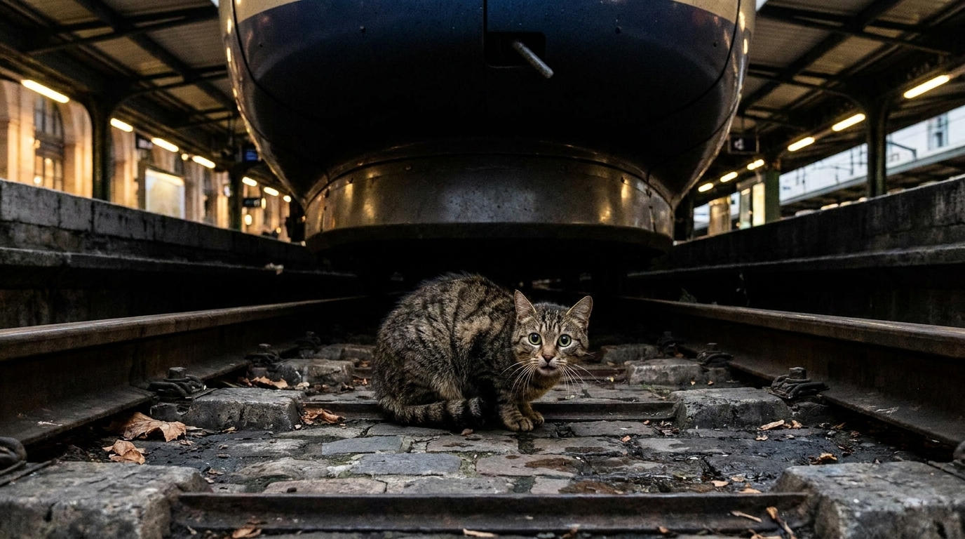 Un chat roux et blanc, l'air terrifié, est blotti sur les rails d'une gare parisienne, un TGV flou en arrière-plan.