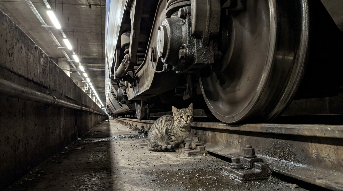 Un chat tigré apeuré se cache sous un train TGV à quai dans une gare parisienne, symbolisant le danger et la détresse de l'animal.