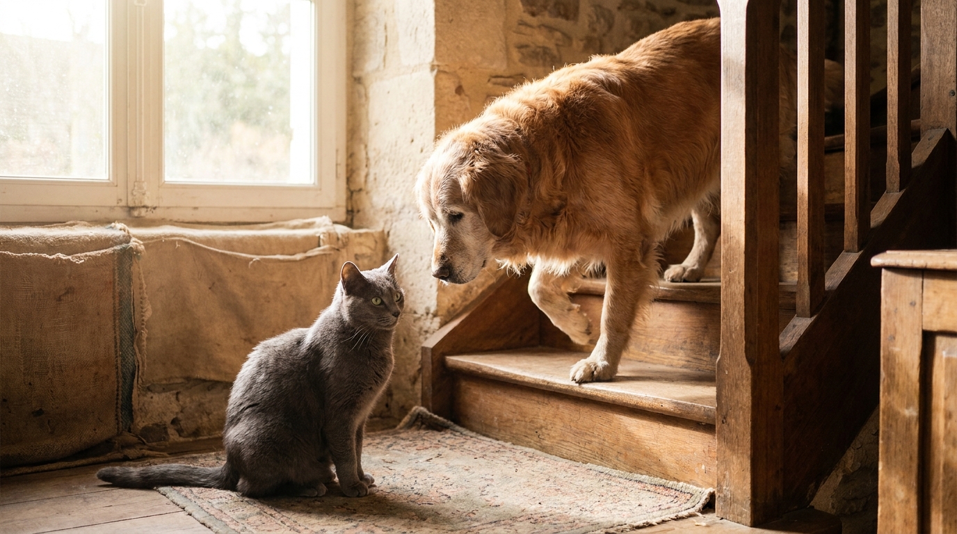 Un chat gris assis au pied d'un escalier en bois, regardant tendrement un vieux chien de type golden retriever qui descend prudemment une marche.