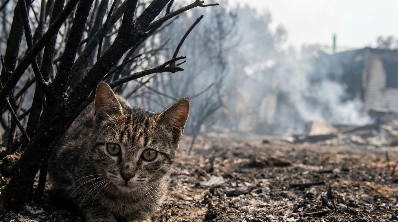 Un chat tigré aux yeux verts, couvert de suie, regarde avec inquiétude depuis sa cachette dans les décombres fumants d'un incendie à Canet.