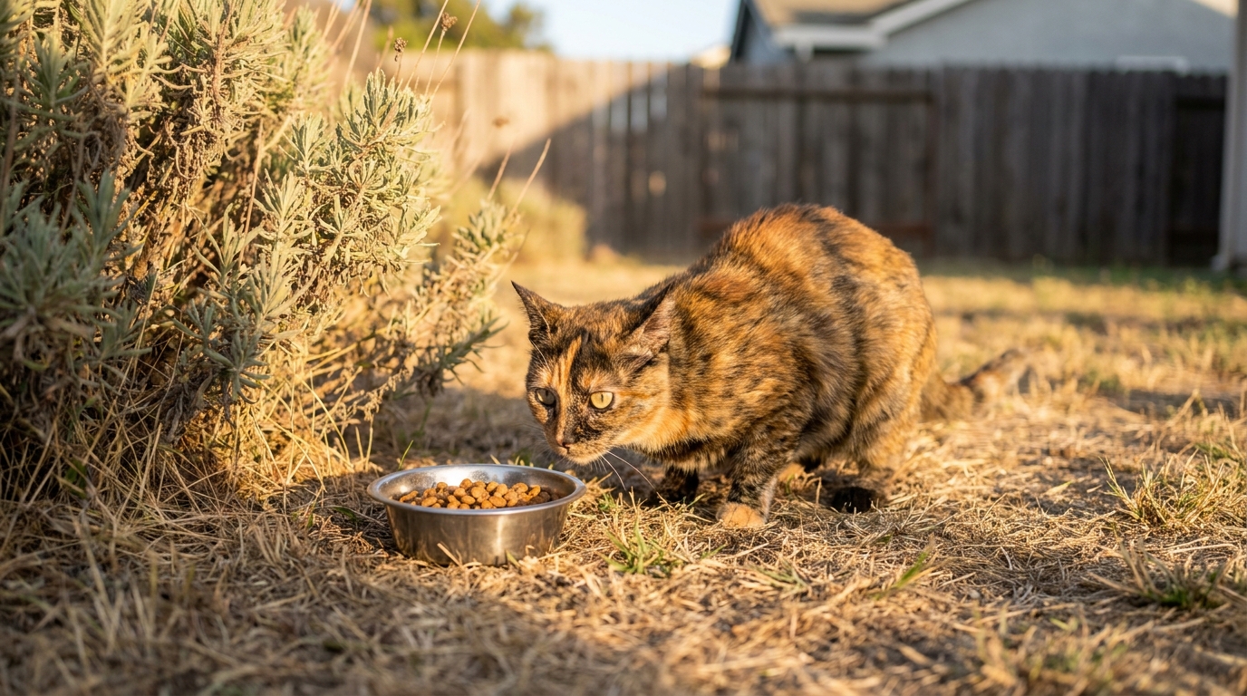 Une petite chatte écaille de tortue regarde avec méfiance une gamelle de nourriture posée dans l'herbe, illustrant sa peur de manger.