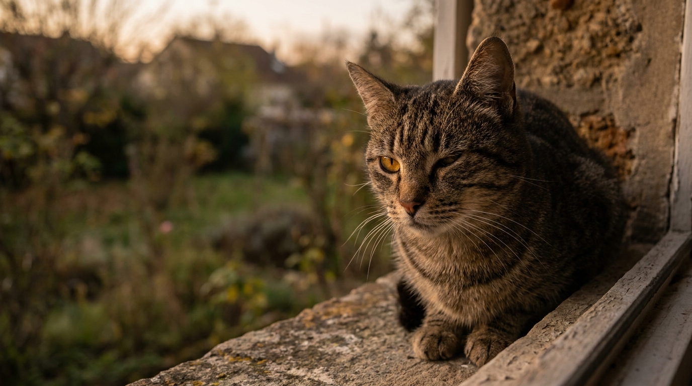 Un chat européen au regard méfiant se tenant dans l'herbe d'un jardin pavillonnaire en Seine-et-Marne, illustrant la peur des animaux.