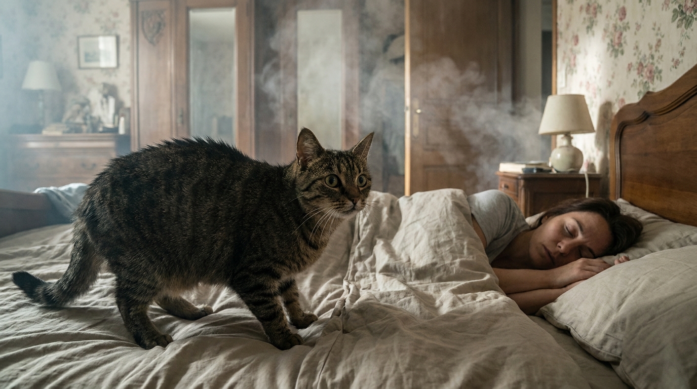 Un chat domestique au regard alerte regarde par une fenêtre enfumée, semblant inquiet pour sa maîtresse endormie à l'intérieur.