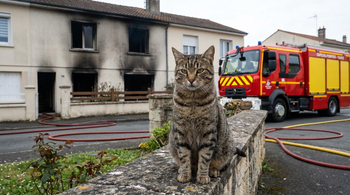 Un chat au regard alerte se tient devant une maison française d'où s'échappe de la fumée, symbolisant son acte héroïque.