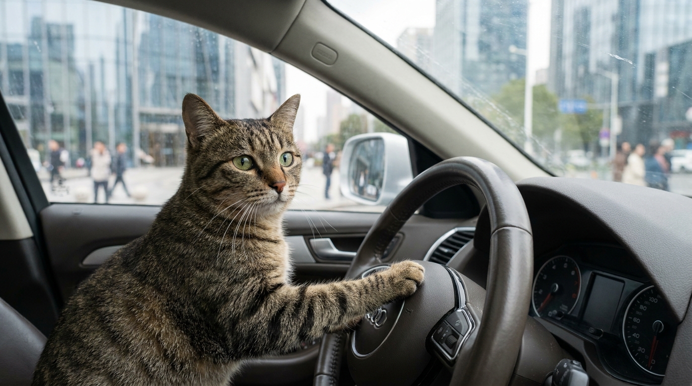 Un chat tigré, l'air inquiet, avec une patte posée sur le klaxon d'un volant de voiture, vu à travers le pare-brise.