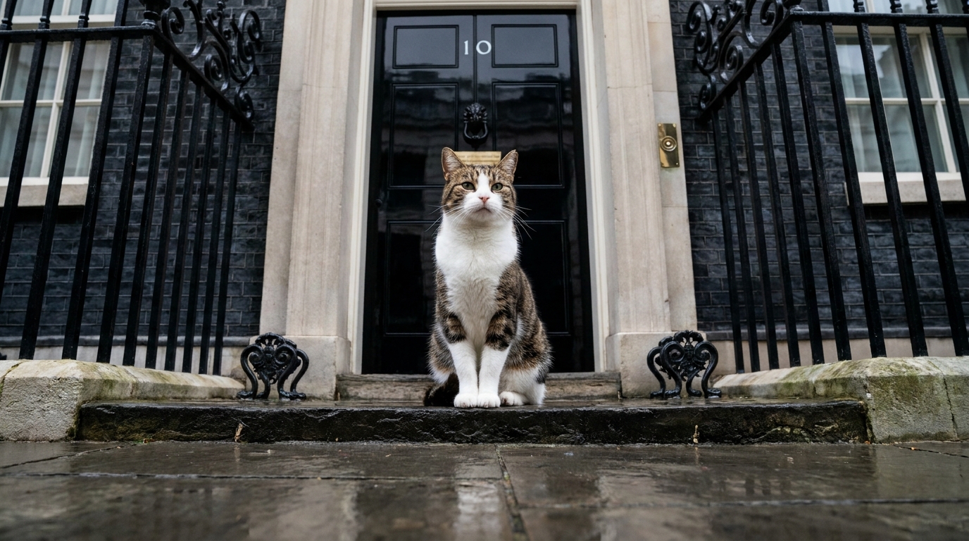 Le chat Larry, un tabby brun et blanc, assis avec assurance sur le perron du 10 Downing Street, la célèbre résidence du Premier ministre britannique.