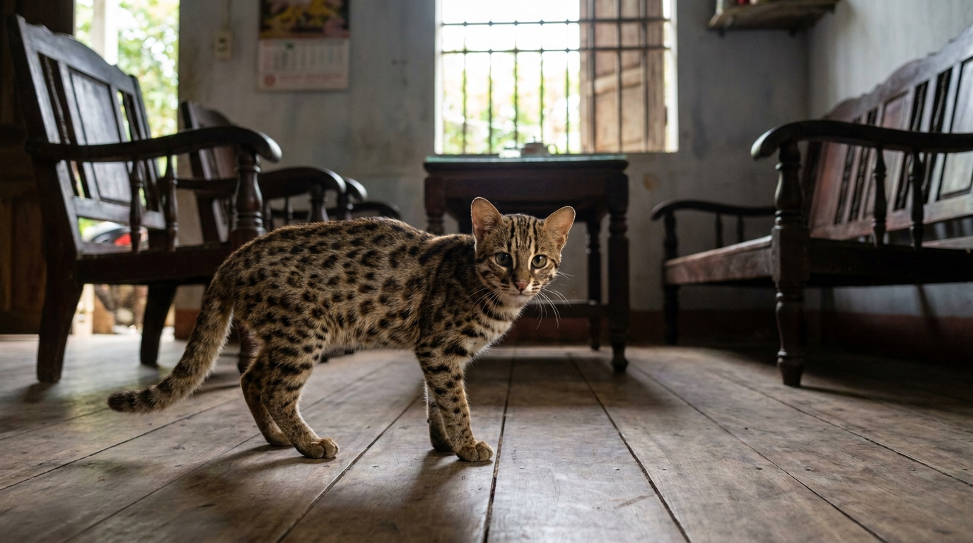 Un jeune chat léopard du Bengale, avec sa robe tachetée distinctive, se tient avec curiosité dans le salon d'une maison au Vietnam.