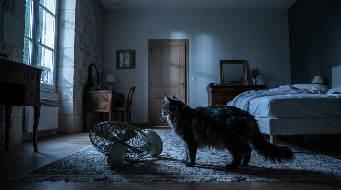 Un grand chat Maine Coon assis fièrement dans un salon, regardant par la fenêtre la nuit, comme s'il montait la garde.