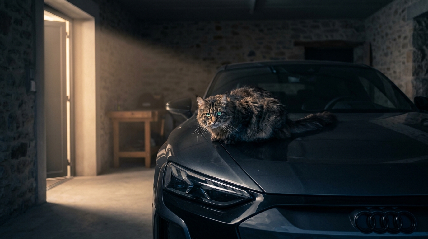 Un grand chat de race Maine Coon assis fièrement près d'une voiture de sport rouge dans une maison moderne, semblant la protéger.