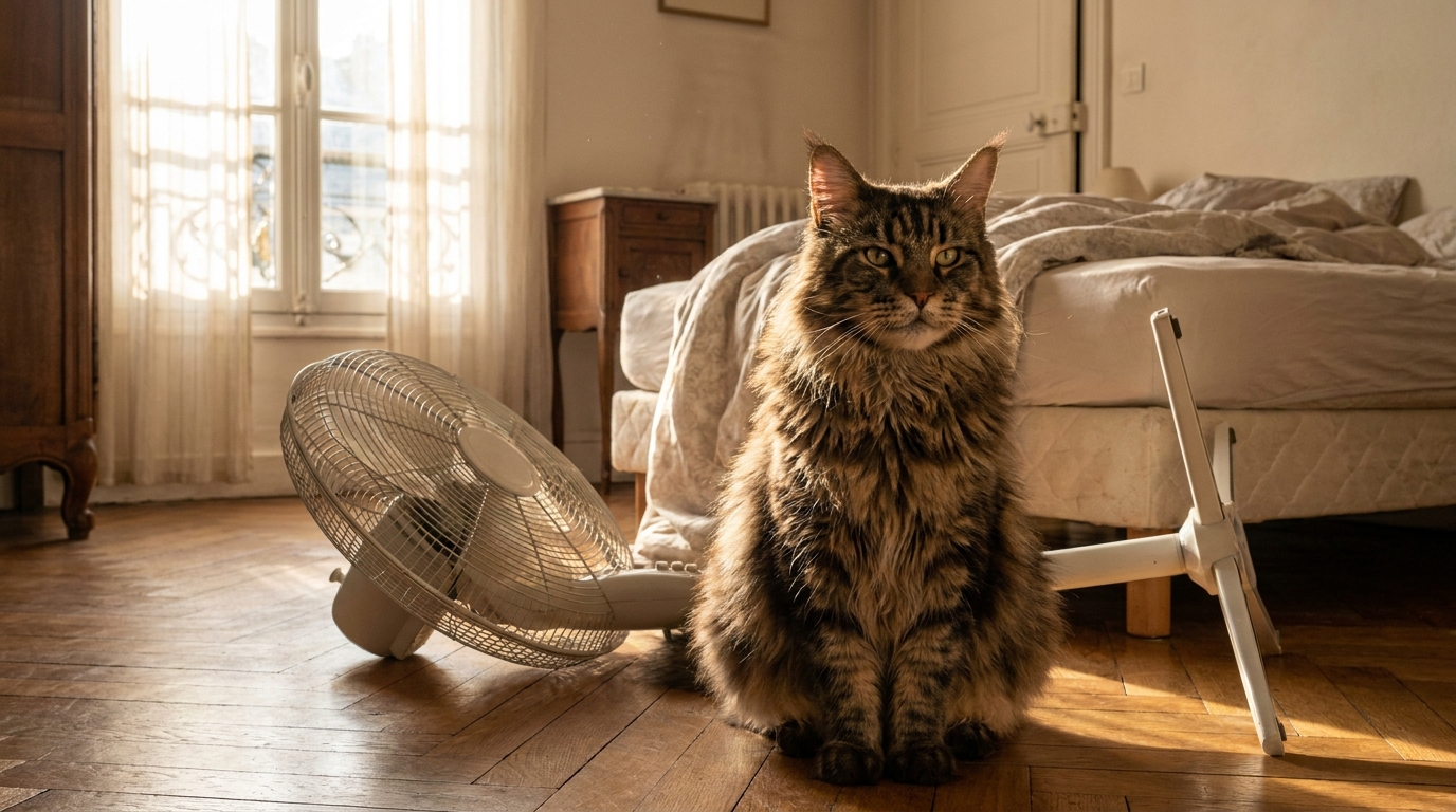 Un majestueux chat Maine Coon assis fièrement à côté d'un ventilateur sur pied renversé dans une chambre à coucher au petit matin.