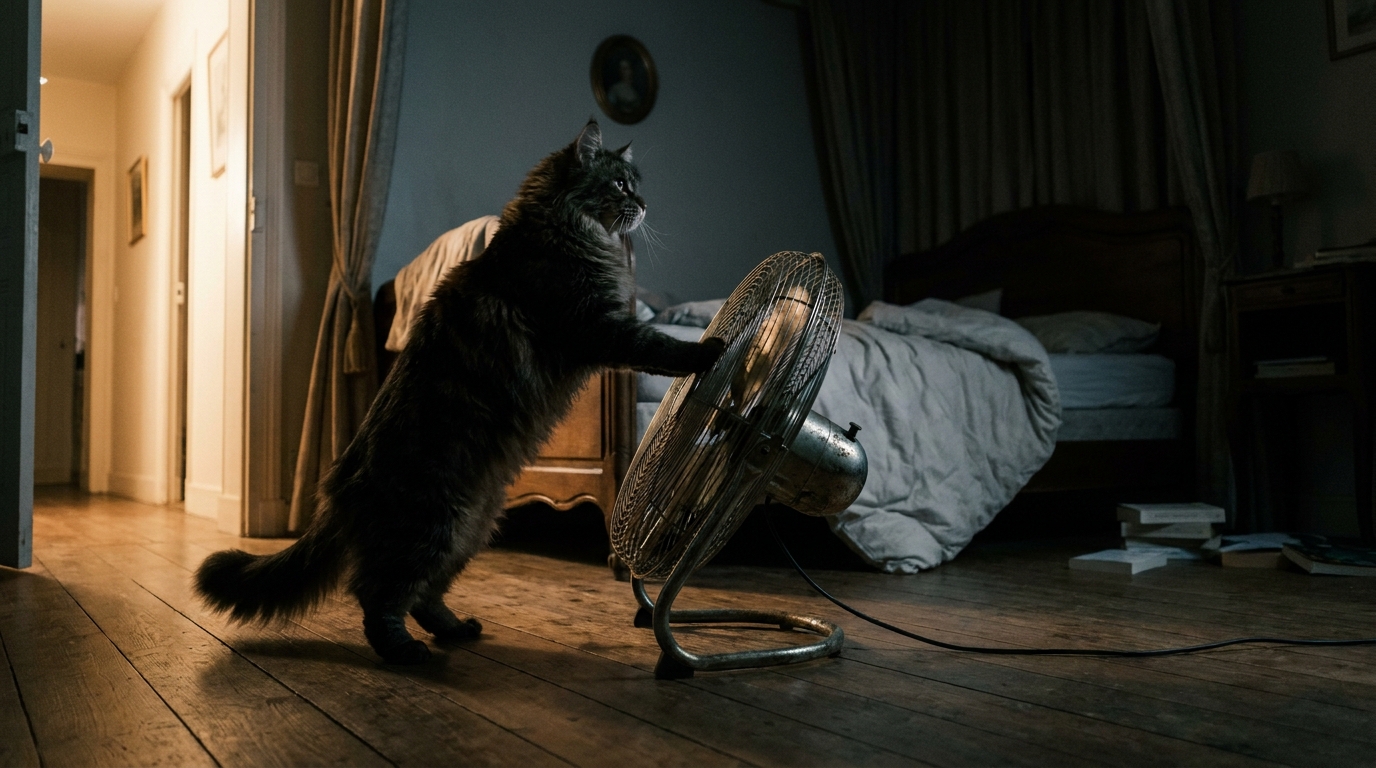 Un grand chat Maine Coon assis sur un lit, regardant intensément vers la porte de la chambre, l'air alerte et protecteur.