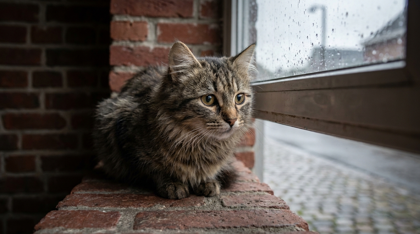 Un chat croisé Maine Coon au regard mélancolique, assis sur un rebord de fenêtre, observe une rue typique du nord de la France.