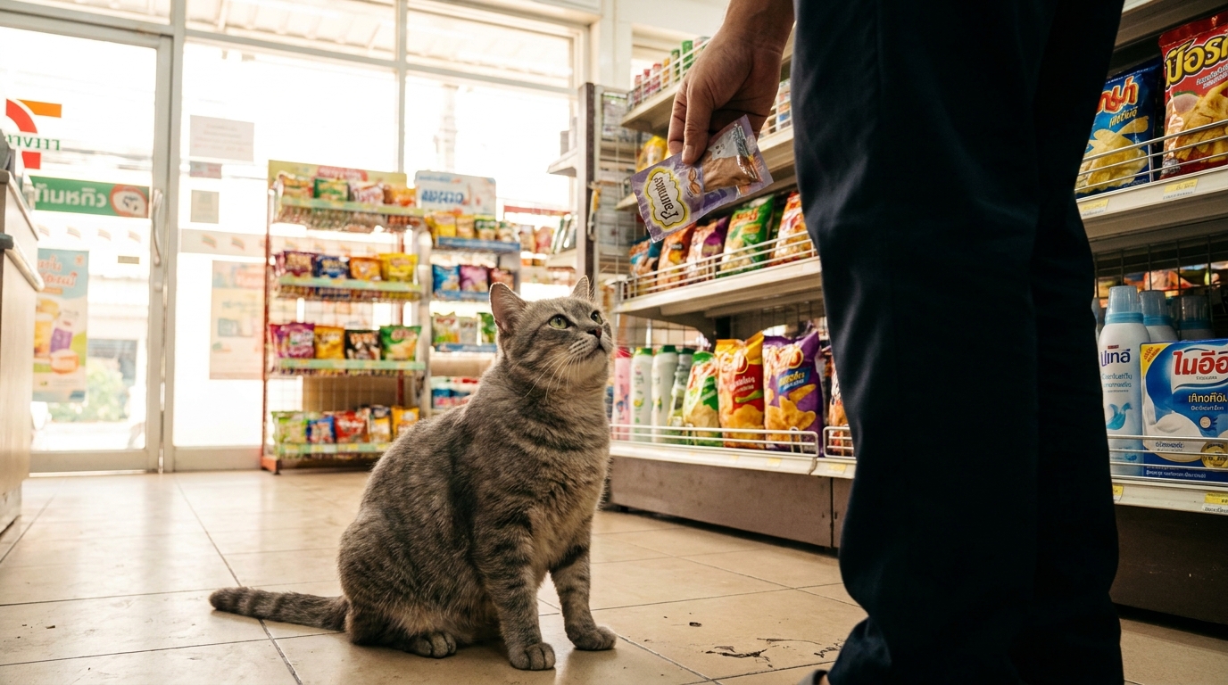 Un chat tigré gris est assis sagement devant le rayon des friandises pour animaux dans une supérette en Thaïlande, regardant un touriste.