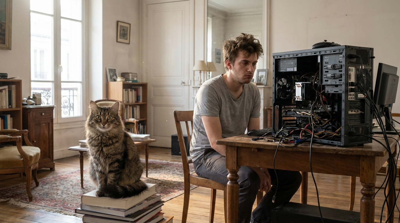 Un chat au regard boudeur est assis sur un bureau à côté d'une tour d'ordinateur de gaming allumée, semblant méditer sa vengeance.