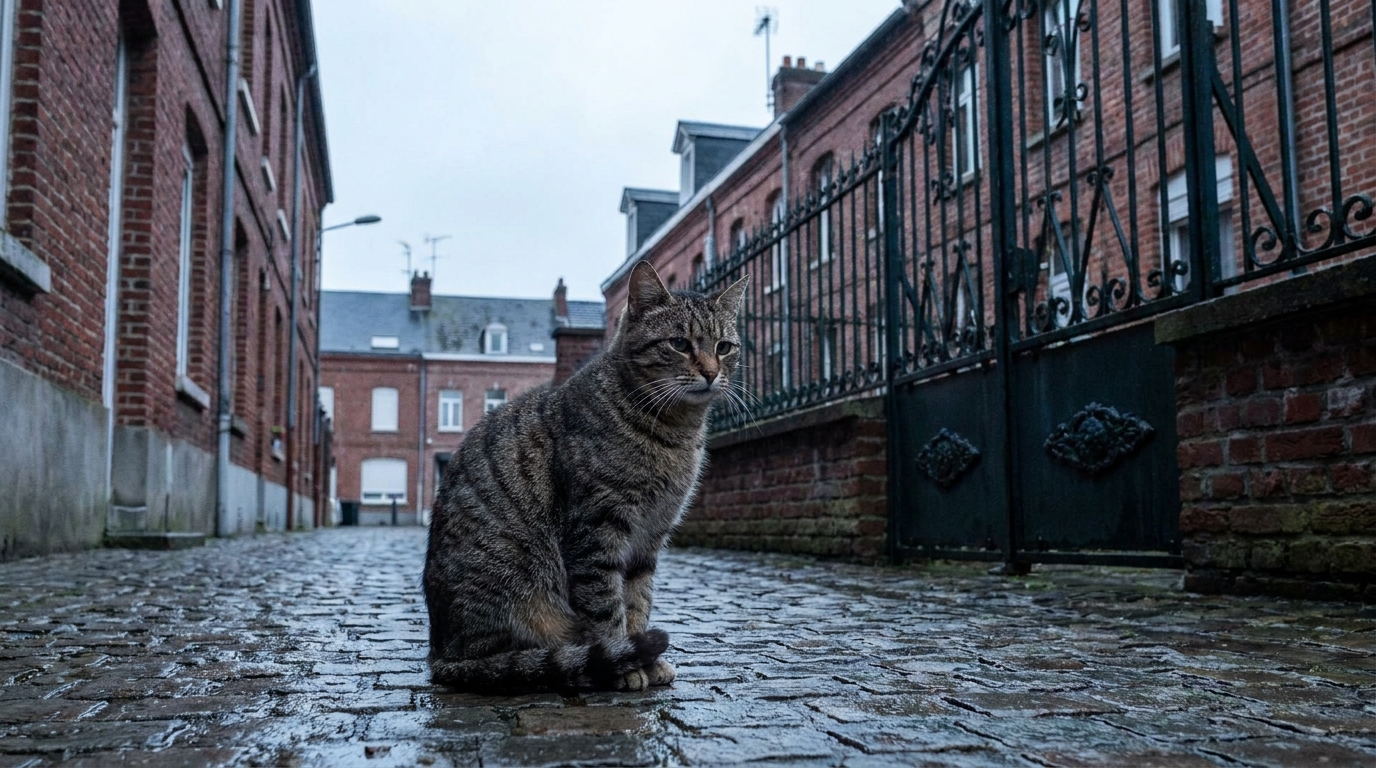 Un chat au regard triste, assis près d'une grille en fer forgé dans une rue d'une ville du nord de la France, symbolisant la tristesse de l'événement.