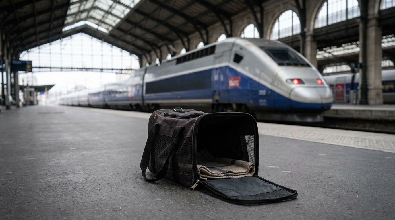 Un sac de transport pour chat, vide et ouvert, posé sur le quai d'une gare française, symbolisant une perte tragique.