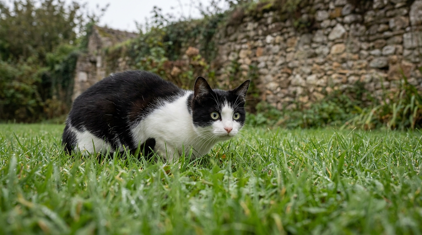 Un chat noir et blanc au regard inquiet se tient dans l'herbe d'un jardin en Normandie, symbolisant la vulnérabilité des animaux de compagnie.