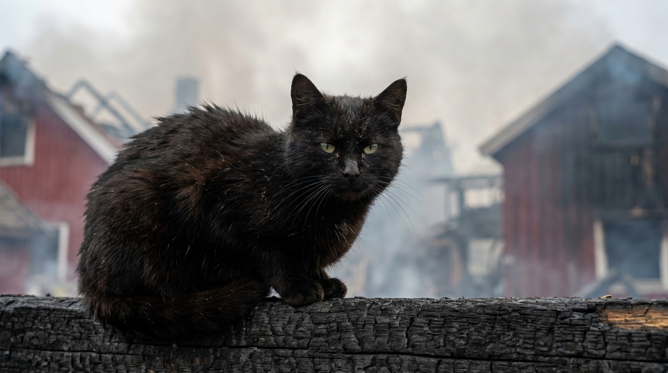 Un chat noir au pelage couvert de suie explore prudemment les ruines encore fumantes d'une maison incendiée en Norvège.