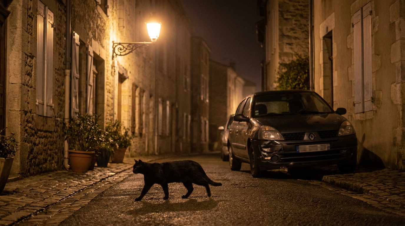 Un chat noir se faufile dans une rue pavée la nuit, éclairé par la lueur d'un lampadaire, près d'une voiture garée.