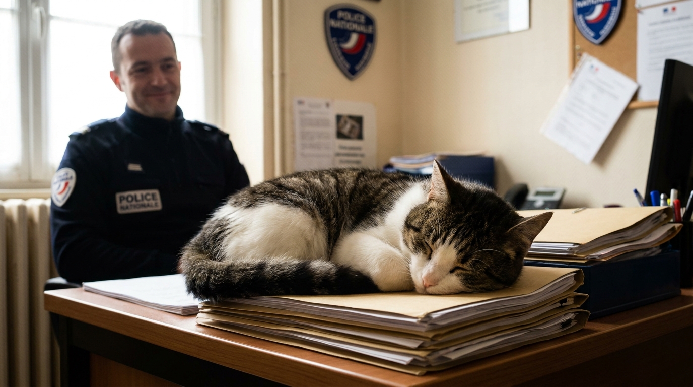 Perkiz, une chatte adoptée, se repose dans le bureau du commissariat de Firminy, apportant du réconfort aux policiers.