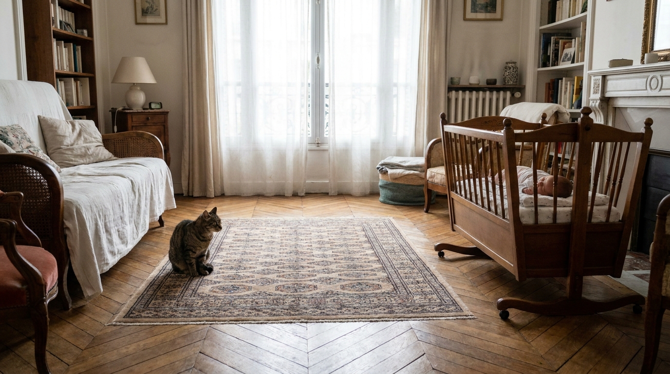 Un chat tigré assis sur le sol d'un salon regarde avec méfiance un nouveau-né dormant paisiblement dans un berceau à proximité.