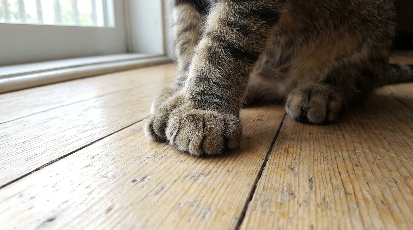 Gros plan sur la patte d'un chat polydactyle tigré, montrant ses nombreux doigts, posée sur un parquet en bois.