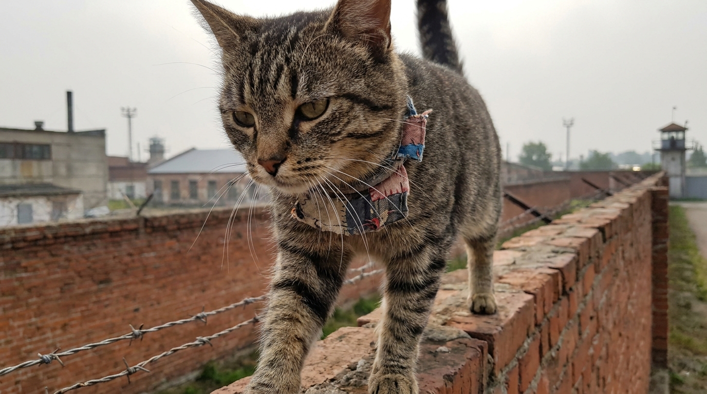 Un chat européen tigré marchant avec détermination sur un chemin de terre, avec un mur de prison en briques rouges en arrière-plan.