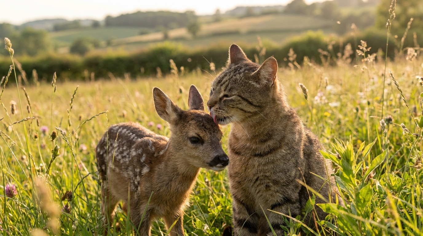 Un chat domestique couché dans les herbes hautes à côté d'un bébé faon, semblant le veiller avec tendresse.